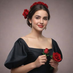 A 3D, 8k resolution image of an attractive girl dressed in deep black, royal Spanish style clothing. She's holding a red rose in her right hand and her expression indicates she's showing something.