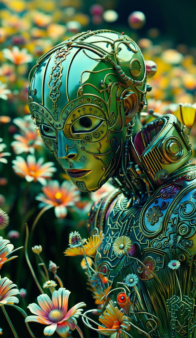 Hyper-realistic 3D image of a rococo cyberpunk robotic man in a vibrant, mythical meadow filled with mechanical flowers. The scene is eerie yet beautiful, with a strong fantasy vibe and a mechanical aesthetic.