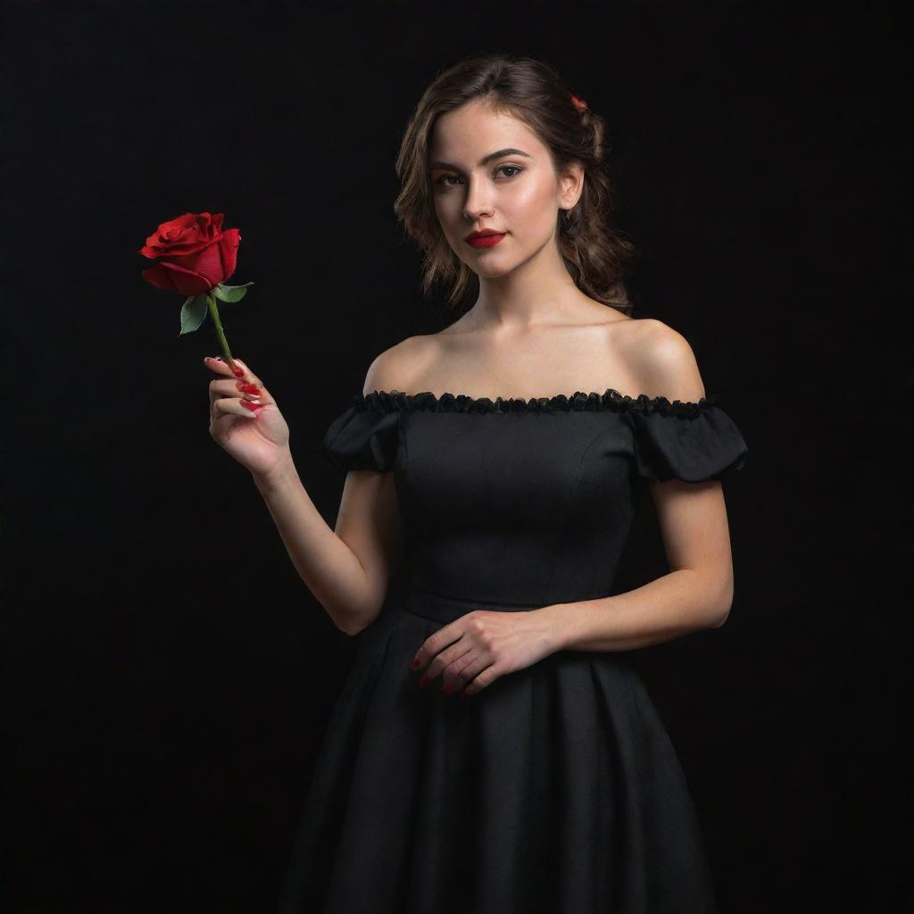 A 3D, 8k resolution full-body image of an attractive girl in deep black, royal Spanish style clothing. She's holding a red rose in her right hand, against a black and red backdrop, with an expression suggestive of revealing something.