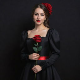 A 3D, 8k resolution full-body image of an attractive girl in deep black, royal Spanish style clothing. She's holding a red rose in her right hand, against a black and red backdrop, with an expression suggestive of revealing something.