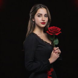 A 3D, 8k resolution full-body image of an attractive girl in deep black, royal Spanish style clothing. She's holding a red rose in her right hand, against a black and red backdrop, with an expression suggestive of revealing something.