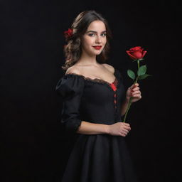 A 3D, 8k resolution full-body image of an attractive girl in deep black, royal Spanish style clothing. She's holding a red rose in her right hand, against a black and red backdrop, with an expression suggestive of revealing something.