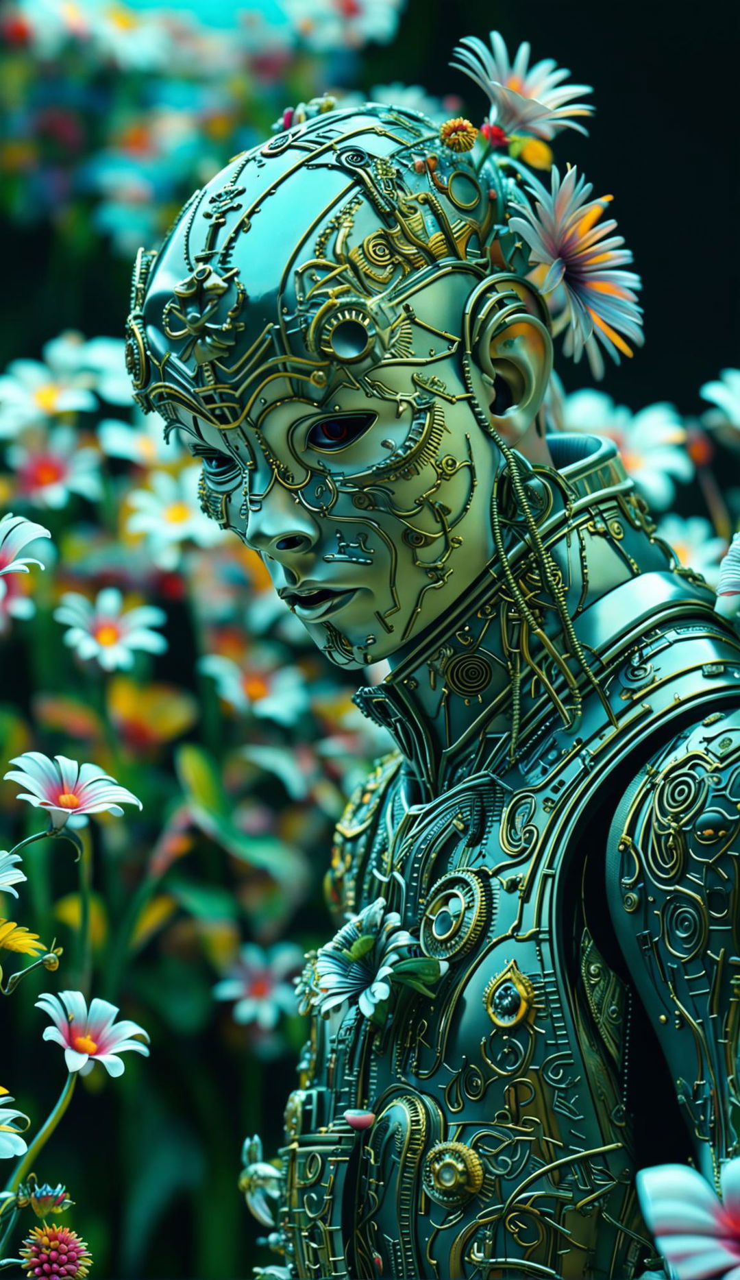 Hyper-realistic 3D image of a rococo cyberpunk robotic man in a vibrant, mythical meadow filled with mechanical flowers. The scene is eerie yet beautiful, with a strong fantasy vibe and a mechanical aesthetic.