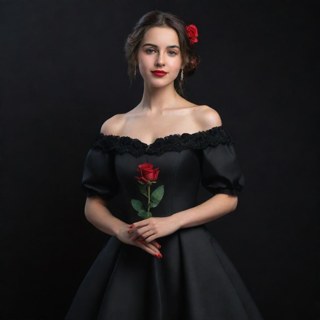 A 3D, 8k resolution full-body image of an attractive girl in deep black, royal Spanish style clothing. She's holding a red rose in her right hand, against a contrasting backdrop of black and red, her other arm spread wide.