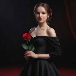 A 3D, 8k resolution full-body image of an attractive girl in deep black, royal Spanish style clothing. She's holding a red rose in her right hand, against a contrasting backdrop of black and red, her other arm spread wide.