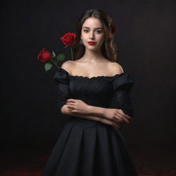 A 3D, 8k resolution full-body image of an attractive girl in deep black, royal Spanish style clothing. She's holding a red rose in her right hand, against a contrasting backdrop of black and red, her other arm spread wide.