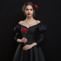 A 3D, 8k resolution full-body image of an attractive girl in deep black, royal Spanish style clothing. She's holding a red rose in her right hand, against a contrasting backdrop of black and red, her other arm spread wide.