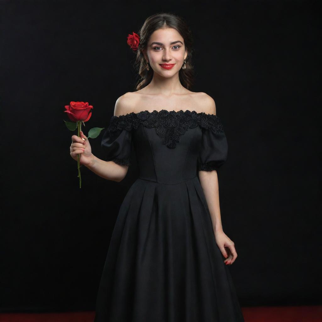 A 3D, 8k resolution, full-body image of an attractive girl dressed in deep black, royal Spanish style clothing. She's holding a red rose in her right hand, her left hand gesturing as if showing something, set against a black and red backdrop.