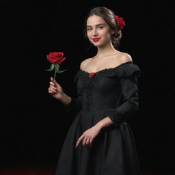 A 3D, 8k resolution, full-body image of an attractive girl dressed in deep black, royal Spanish style clothing. She's holding a red rose in her right hand, her left hand gesturing as if showing something, set against a black and red backdrop.