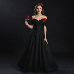 A 3D, 8k resolution, full-body image of an attractive girl dressed in deep black, royal Spanish style clothing. She's holding a red rose in her right hand, her left hand gesturing as if showing something, set against a black and red backdrop.