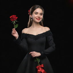 A 3D, 8k resolution, full-body image of an attractive girl dressed in deep black, royal Spanish style clothing. She's holding a red rose in her right hand, her left hand gesturing as if showing something, set against a black and red backdrop.