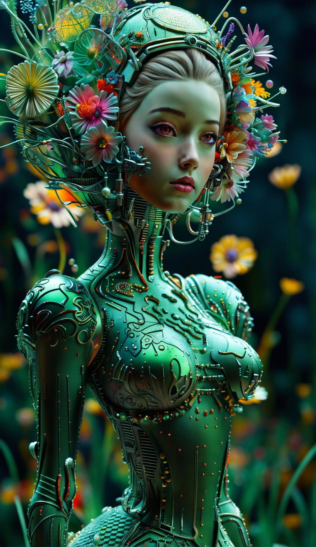 Hyper-realistic 3D image of a rococo-inspired cyberpunk robotic woman in a vibrant mythical meadow filled with mechanical flowers. She embodies an eerie elegance with her intricate metallic body and neon-lit attire.