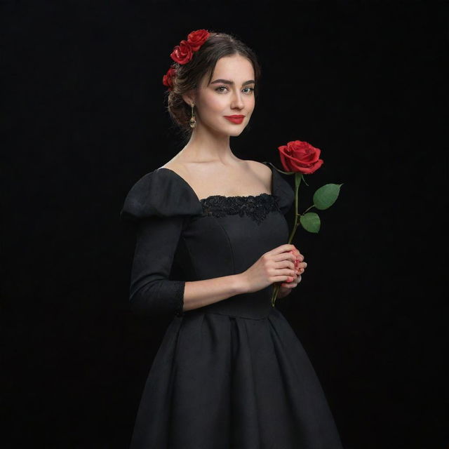 A 3D, 8k resolution full-body image of an attractive girl dressed in deep black, royal Spanish style clothing. She's holding a red rose in her right hand, spreading out her left hand, all set against a black and red backdrop.