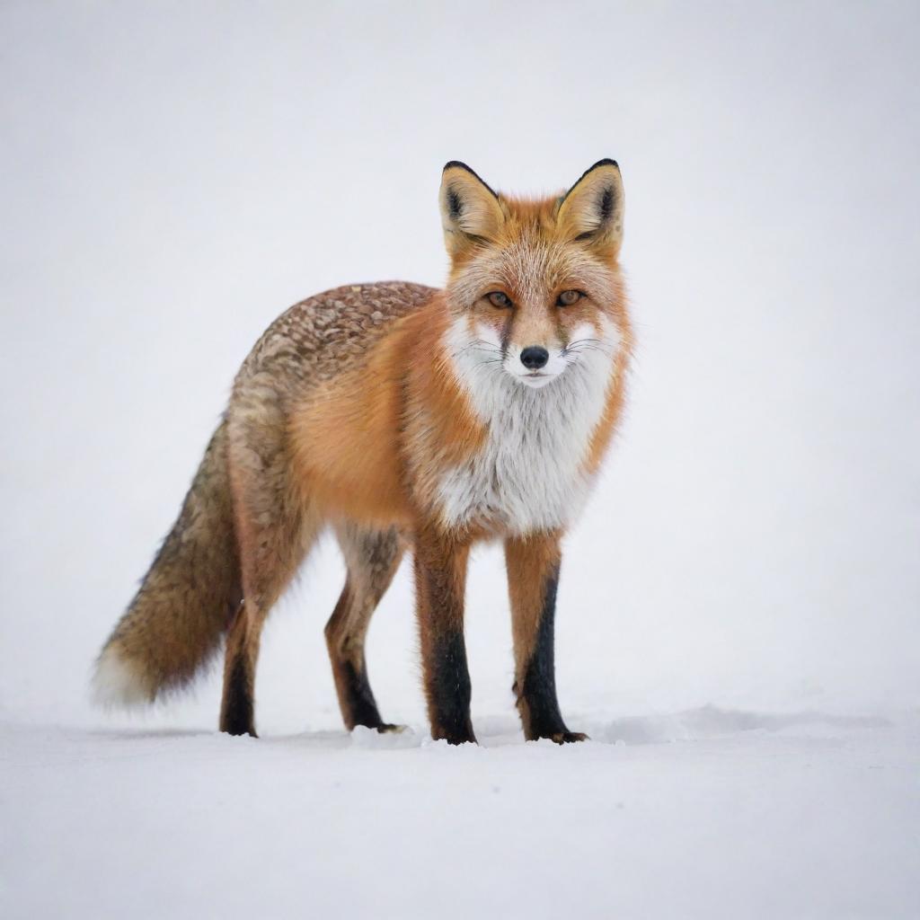 A red fox in a pristine snowy landscape, its rich orange fur contrasting with the pure white snow around it.