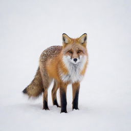 A red fox in a pristine snowy landscape, its rich orange fur contrasting with the pure white snow around it.