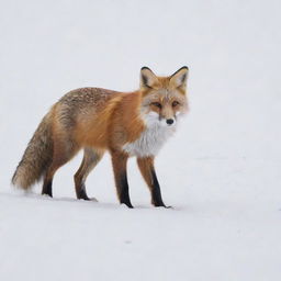 A red fox in a pristine snowy landscape, its rich orange fur contrasting with the pure white snow around it.