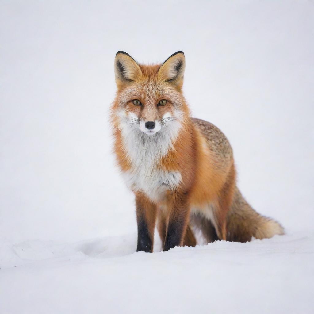 A red fox in a pristine snowy landscape, its rich orange fur contrasting with the pure white snow around it.