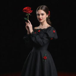 A 3D, 8k resolution full-body image of an attractive girl dressed in deep black, royal Spanish style clothing. She's holding a red rose in her right hand, with her left hand extended, all against a black and red backdrop.