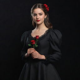 A 3D, 8k resolution full-body image of an attractive girl dressed in deep black, royal Spanish style clothing. She's holding a red rose in her right hand, with her left hand extended, all against a black and red backdrop.