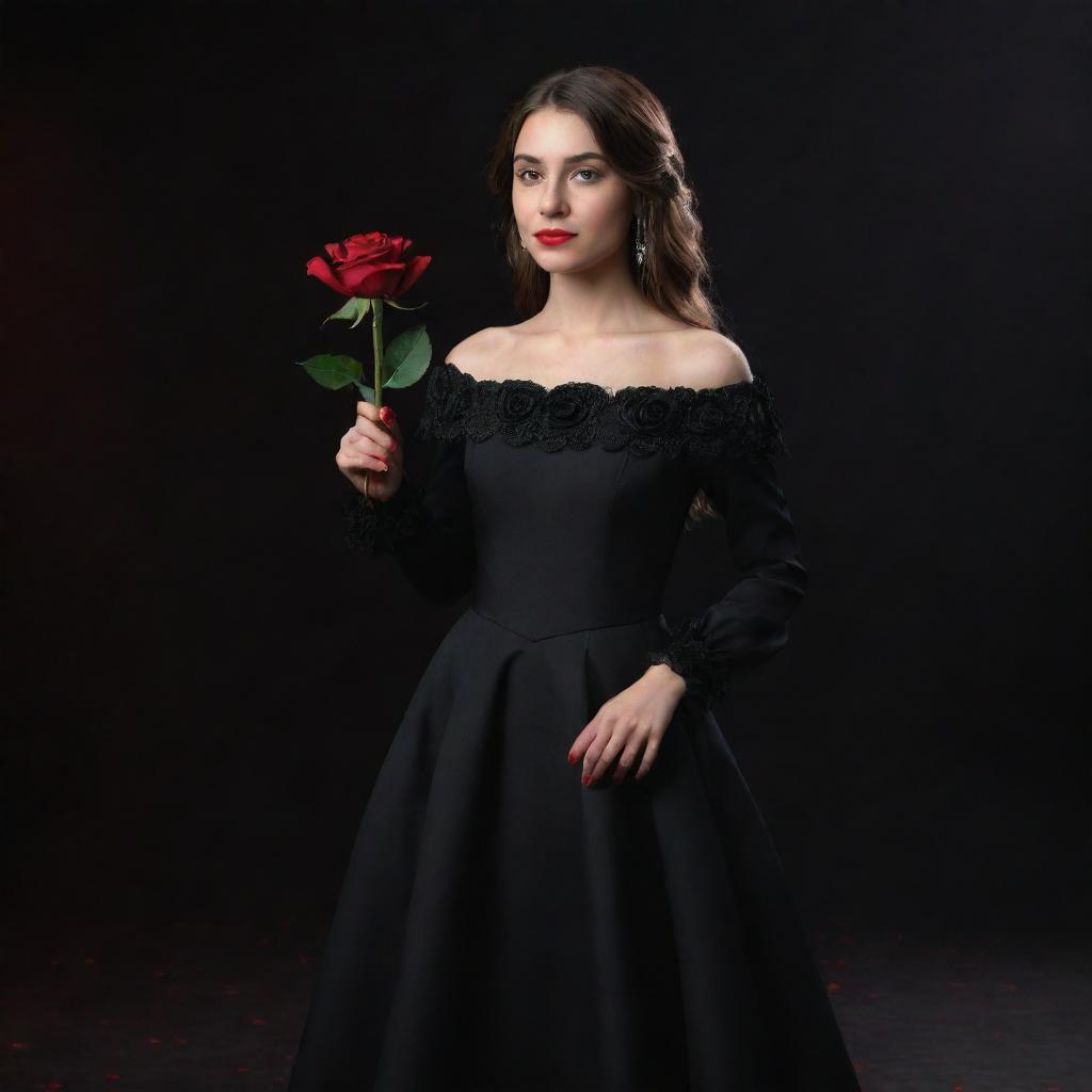 A 3D, 8k resolution full-body image of an attractive girl dressed in deep black, royal Spanish style clothing. She's holding a red rose in her right hand, with her left hand extended, all against a black and red backdrop.