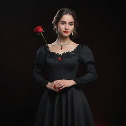 A 3D, 8k resolution full-body image of an attractive girl dressed in deep black, royal Spanish style clothing. She's holding a red rose in her right hand, with her left hand extended, all against a black and red backdrop.