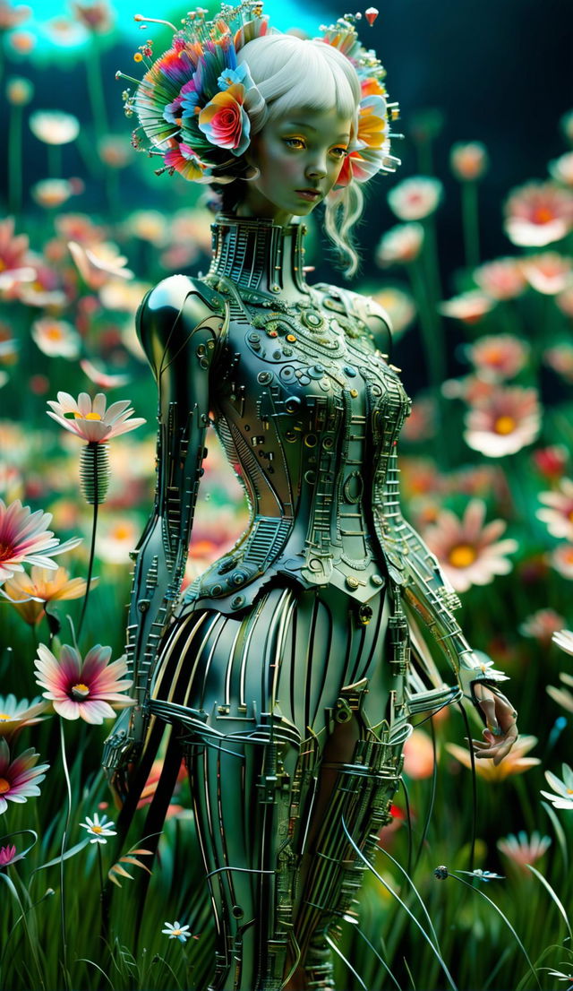 Hyper-realistic 3D image of a rococo-inspired cyberpunk robotic woman in a vibrant mythical meadow filled with mechanical flowers. She embodies an eerie elegance with her intricate metallic body and neon-lit attire.