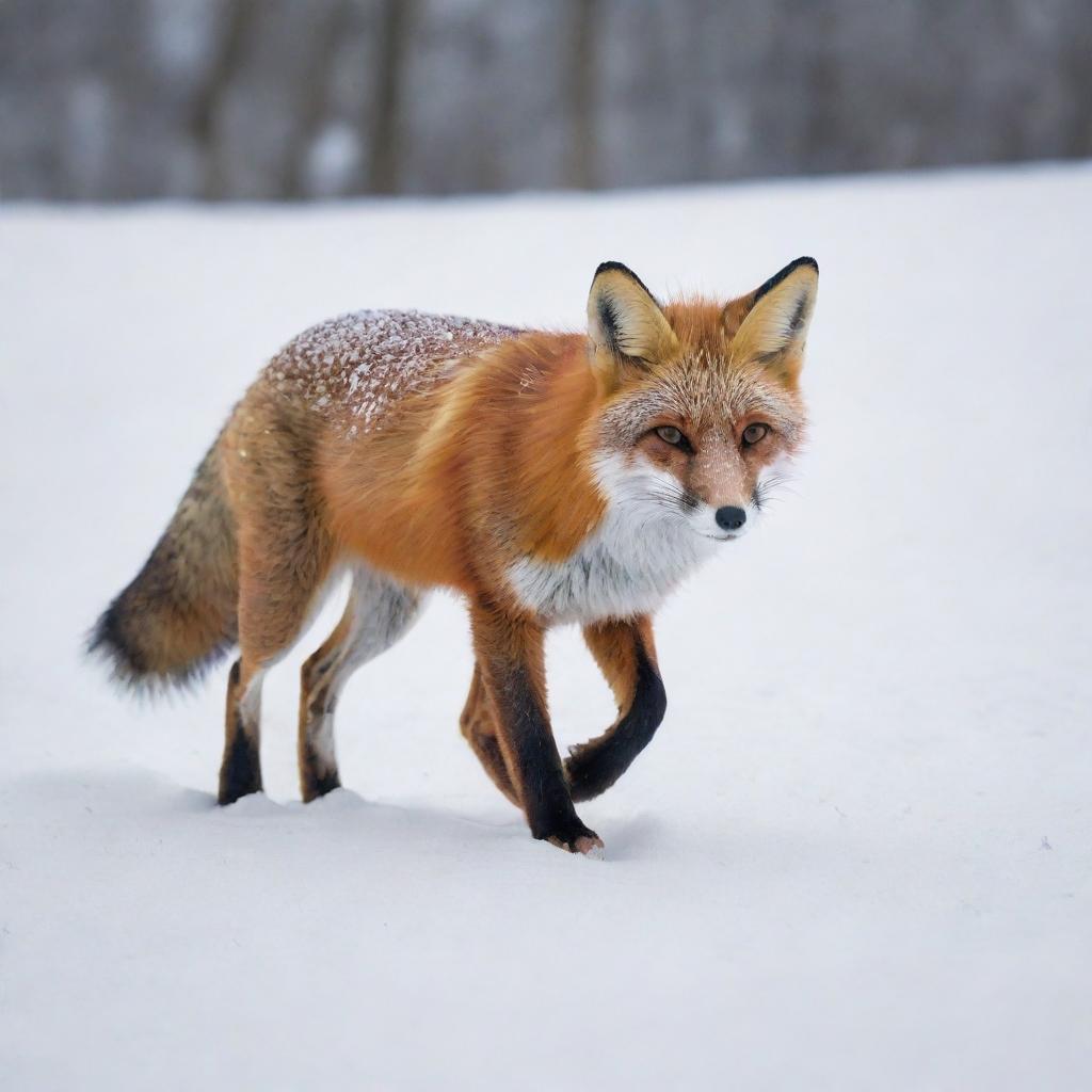 An ultra HD image showcasing a fox traversing a crisp, wintery snow landscape, its vibrant red coat offering a brilliant contrast to the white snow.