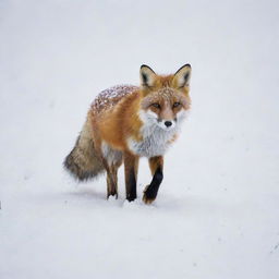 An ultra HD image showcasing a fox traversing a crisp, wintery snow landscape, its vibrant red coat offering a brilliant contrast to the white snow.