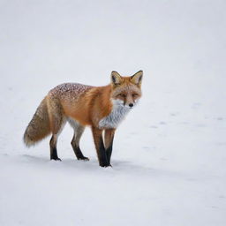 An ultra HD image showcasing a fox traversing a crisp, wintery snow landscape, its vibrant red coat offering a brilliant contrast to the white snow.