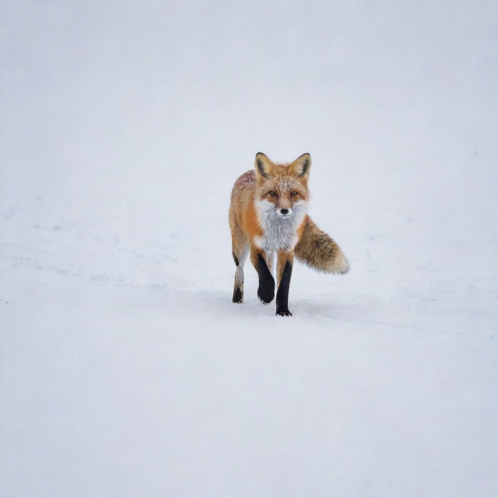 An ultra HD image showcasing a fox traversing a crisp, wintery snow landscape, its vibrant red coat offering a brilliant contrast to the white snow.