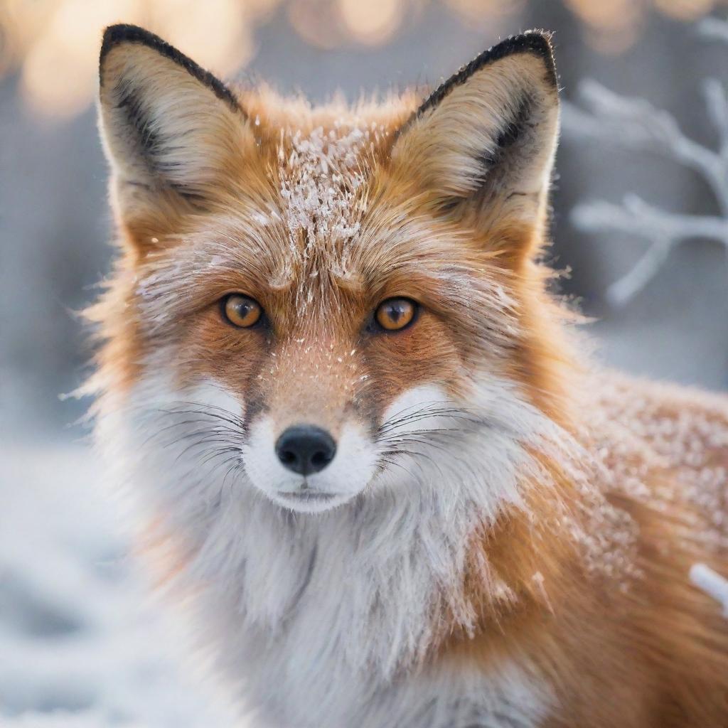 Reimagine the winter image with the fox appearing extra fluffy, its dense, lush fur looking incredibly warm and soft against the frosty, snowy backdrop.