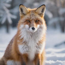 Reimagine the winter image with the fox appearing extra fluffy, its dense, lush fur looking incredibly warm and soft against the frosty, snowy backdrop.