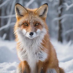 Reimagine the winter image with the fox appearing extra fluffy, its dense, lush fur looking incredibly warm and soft against the frosty, snowy backdrop.