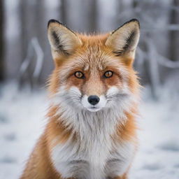 Reimagine the winter image with the fox appearing extra fluffy, its dense, lush fur looking incredibly warm and soft against the frosty, snowy backdrop.