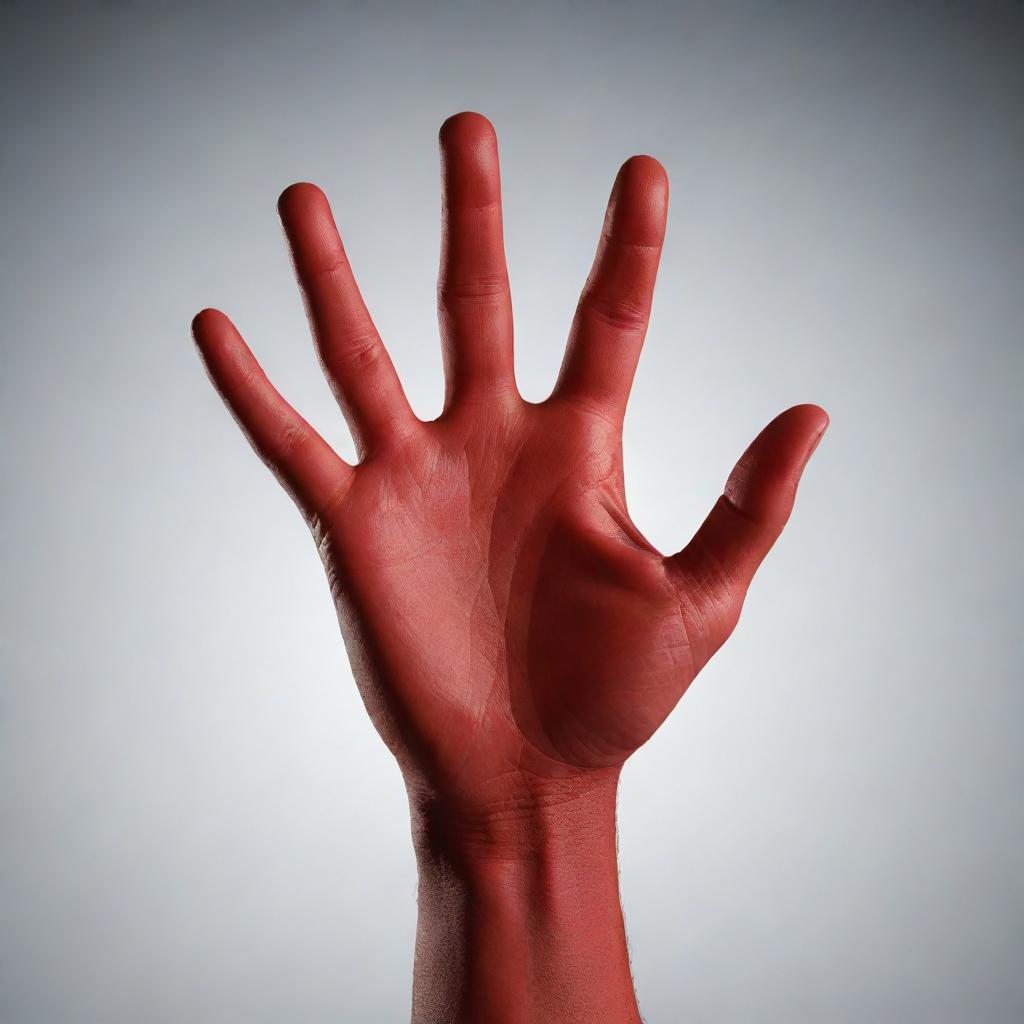 A 3D, 8k resolution image of a hand spread out, against a gradient background transitioning from black to red. Ensure a clear screen effect.