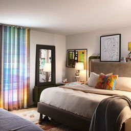 Design a cozy, personalized bedroom with modern furniture, warm lighting, and vibrant wall art.