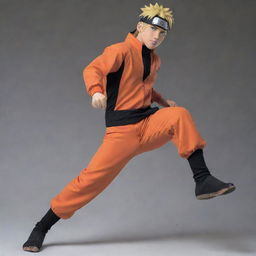 Naruto Uzumaki, the protagonist of the Naruto anime series, in his orange and black jumpsuit, striking a dynamic ninja pose.