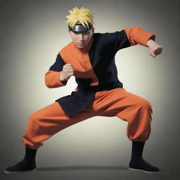 Naruto Uzumaki, the protagonist of the Naruto anime series, in his orange and black jumpsuit, striking a dynamic ninja pose.