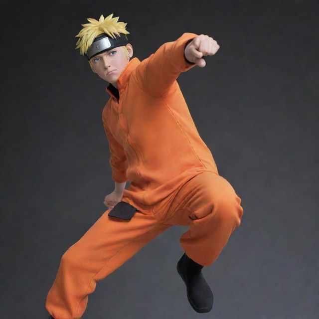 Naruto Uzumaki, the protagonist of the Naruto anime series, in his orange and black jumpsuit, striking a dynamic ninja pose.