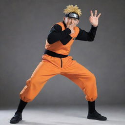 Naruto Uzumaki, the protagonist of the Naruto anime series, in his orange and black jumpsuit, striking a dynamic ninja pose.