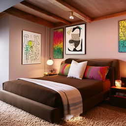 Design a cozy, personalized bedroom with modern furniture, warm lighting, and vibrant wall art.