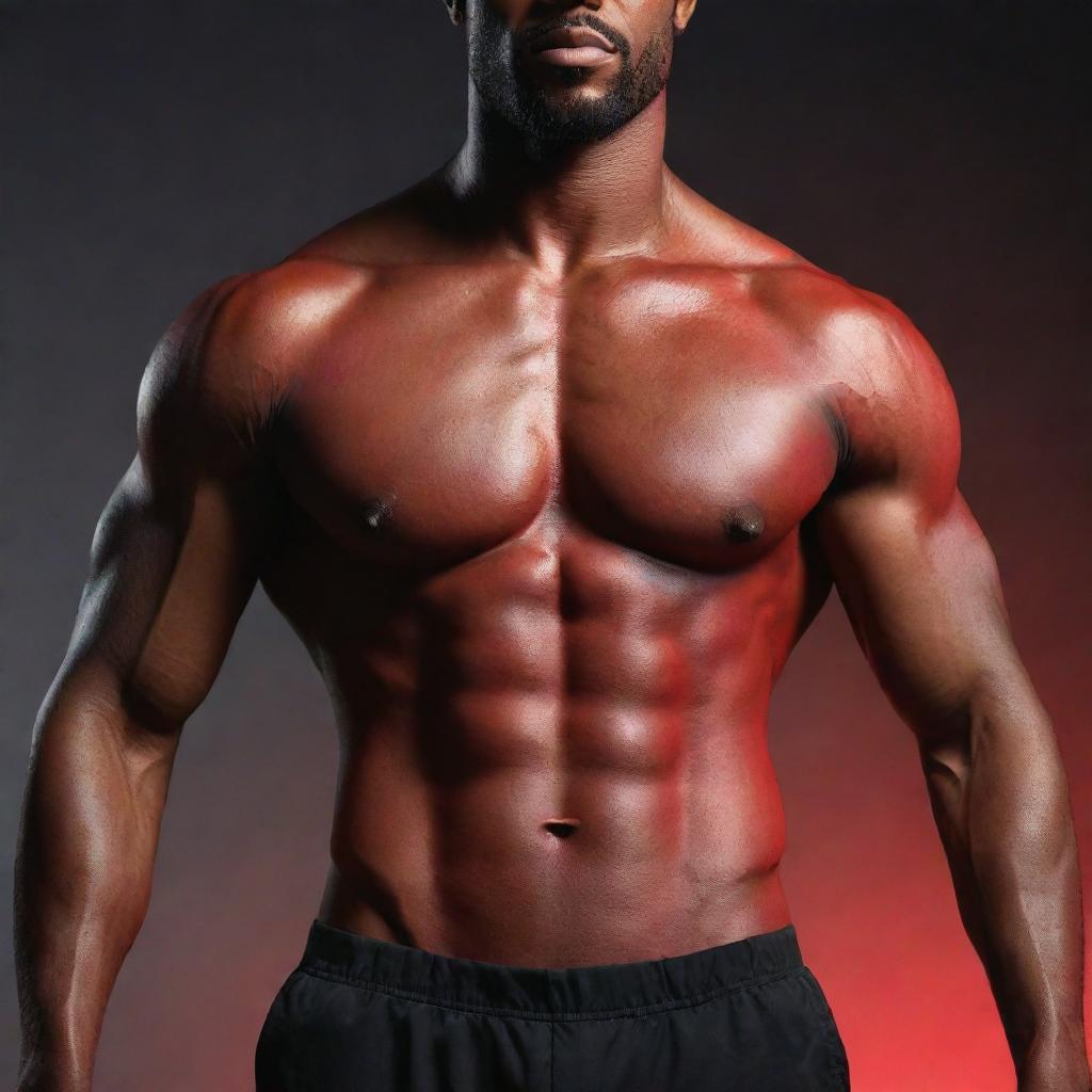 Generate a 3D, 8k resolution image of a man showcasing well-defined abdominal muscles, set against a gradient background of black and red. Ensure a clear viewing experience.