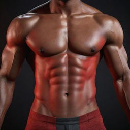 Generate a 3D, 8k resolution image of a man showcasing well-defined abdominal muscles, set against a gradient background of black and red. Ensure a clear viewing experience.