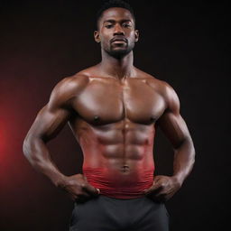 Generate a 3D, 8k resolution image of a man showcasing well-defined abdominal muscles, set against a gradient background of black and red. Ensure a clear viewing experience.