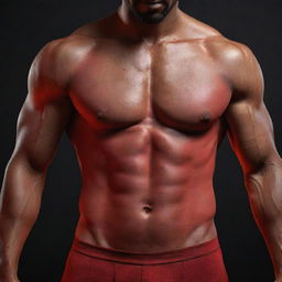 Generate a 3D, 8k resolution image of a man showcasing well-defined abdominal muscles, set against a gradient background of black and red. Ensure a clear viewing experience.