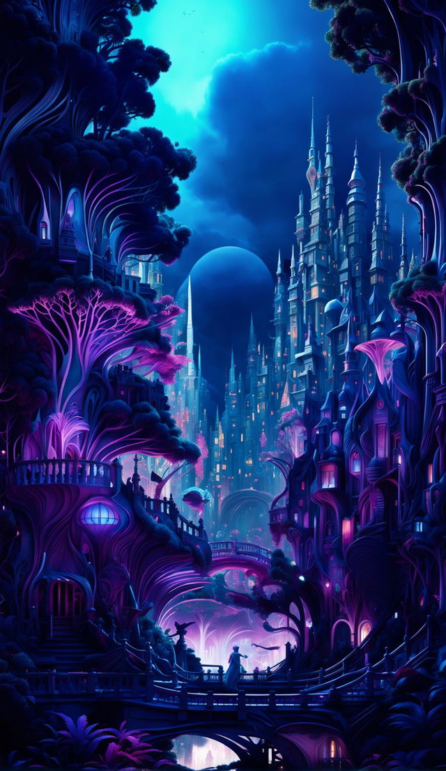 A hyper-realistic 3D-rendered forest cityscape combining Rococo and cyberpunk aesthetics. The city is vibrant with neon lights, mechanical flowers, and futuristic elements, creating an eerie yet beautiful image.