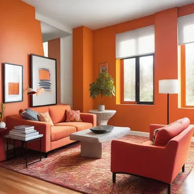 The architect chose a vibrant tangerine color for the accent wall in the living room to create a bold and energetic atmosphere.