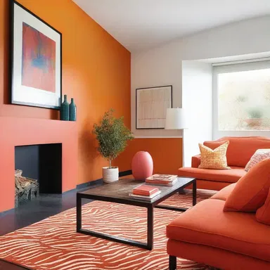 The architect chose a vibrant tangerine color for the accent wall in the living room to create a bold and energetic atmosphere.