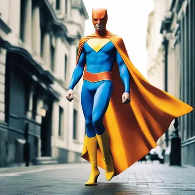 The superhero's costume featured a tangerine cape that contrasted with the blue and yellow color scheme.
