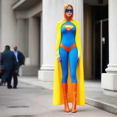 The superhero's costume featured a tangerine cape that contrasted with the blue and yellow color scheme.